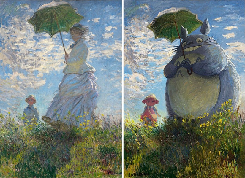 The artist adds anime characters to the classic canvases