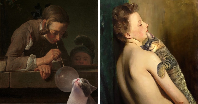 The artist made the paintings of the old masters even better by adding cats there The artist made the paintings of the old masters even better by adding cats there