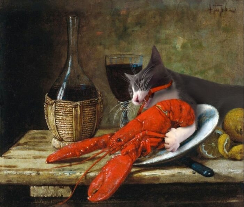 The artist made the paintings of the old masters even better by adding cats there The artist made the paintings of the old masters even better by adding cats there