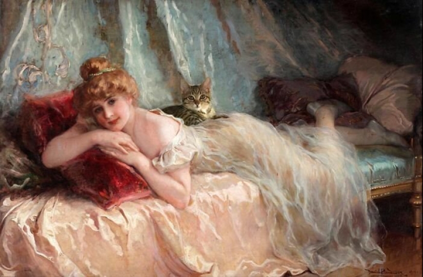 The artist made the paintings of the old masters even better by adding cats there The artist made the paintings of the old masters even better by adding cats there