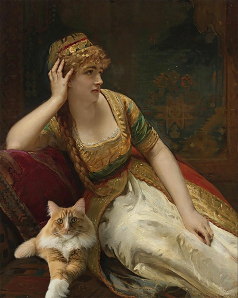 The artist made the paintings of the old masters even better by adding cats there The artist made the paintings of the old masters even better by adding cats there