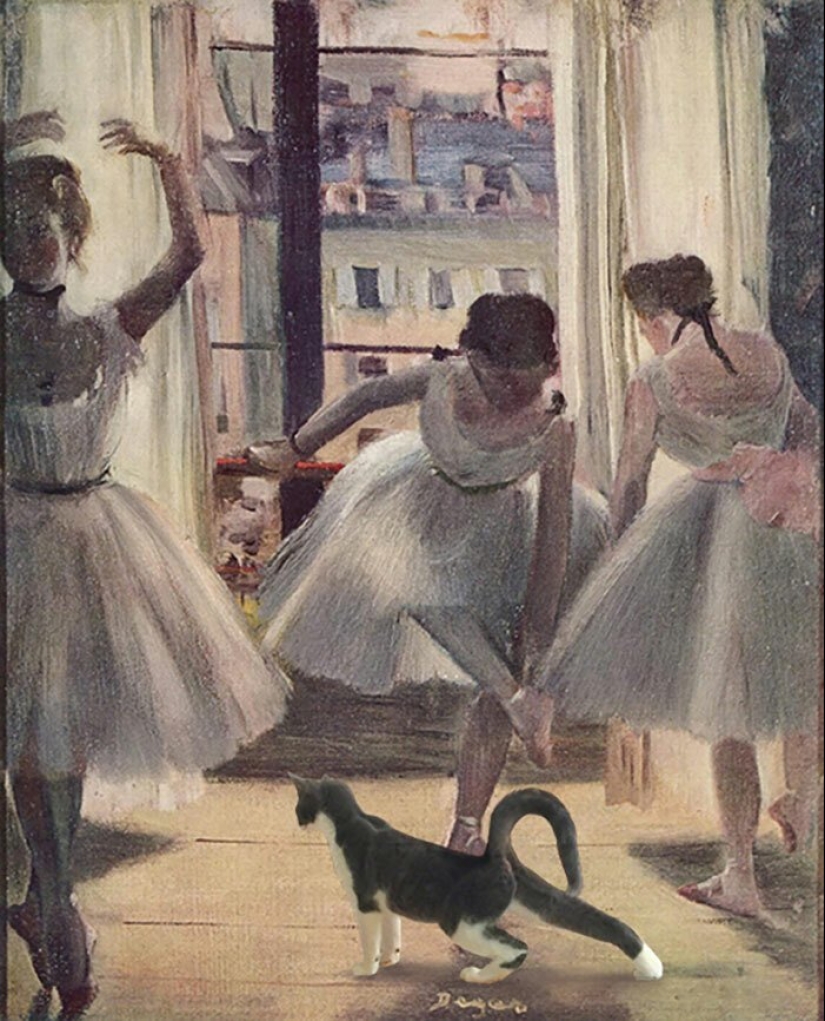 The artist made the paintings of the old masters even better by adding cats there The artist made the paintings of the old masters even better by adding cats there