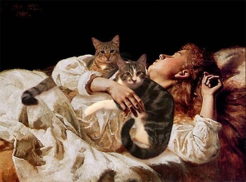 The artist made the paintings of the old masters even better by adding cats there The artist made the paintings of the old masters even better by adding cats there