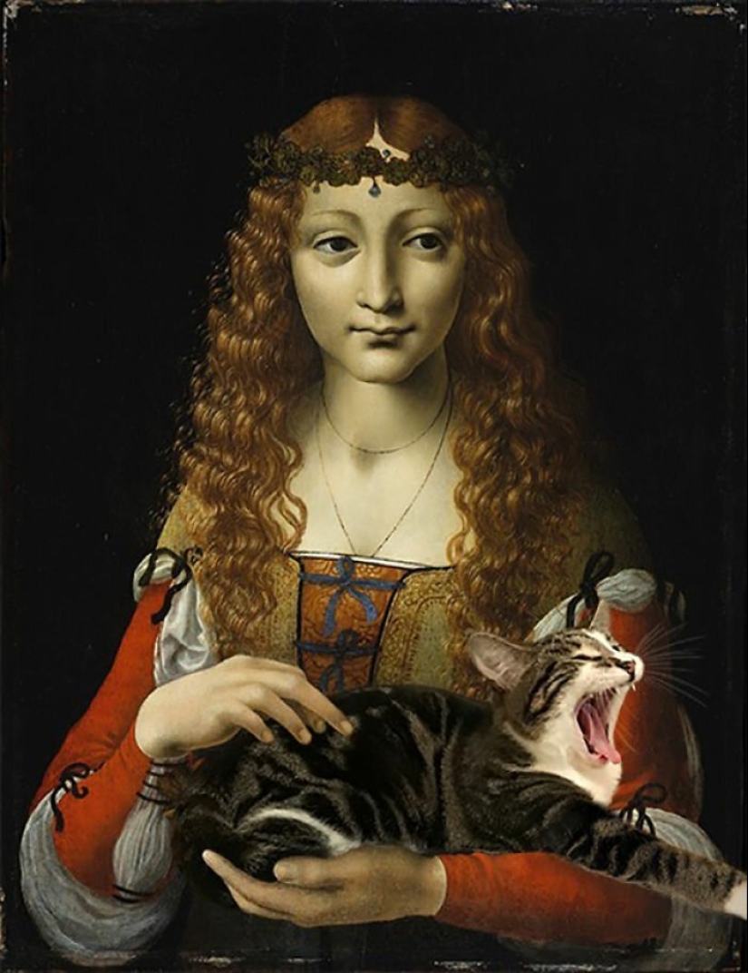 The artist made the paintings of the old masters even better by adding cats there The artist made the paintings of the old masters even better by adding cats there