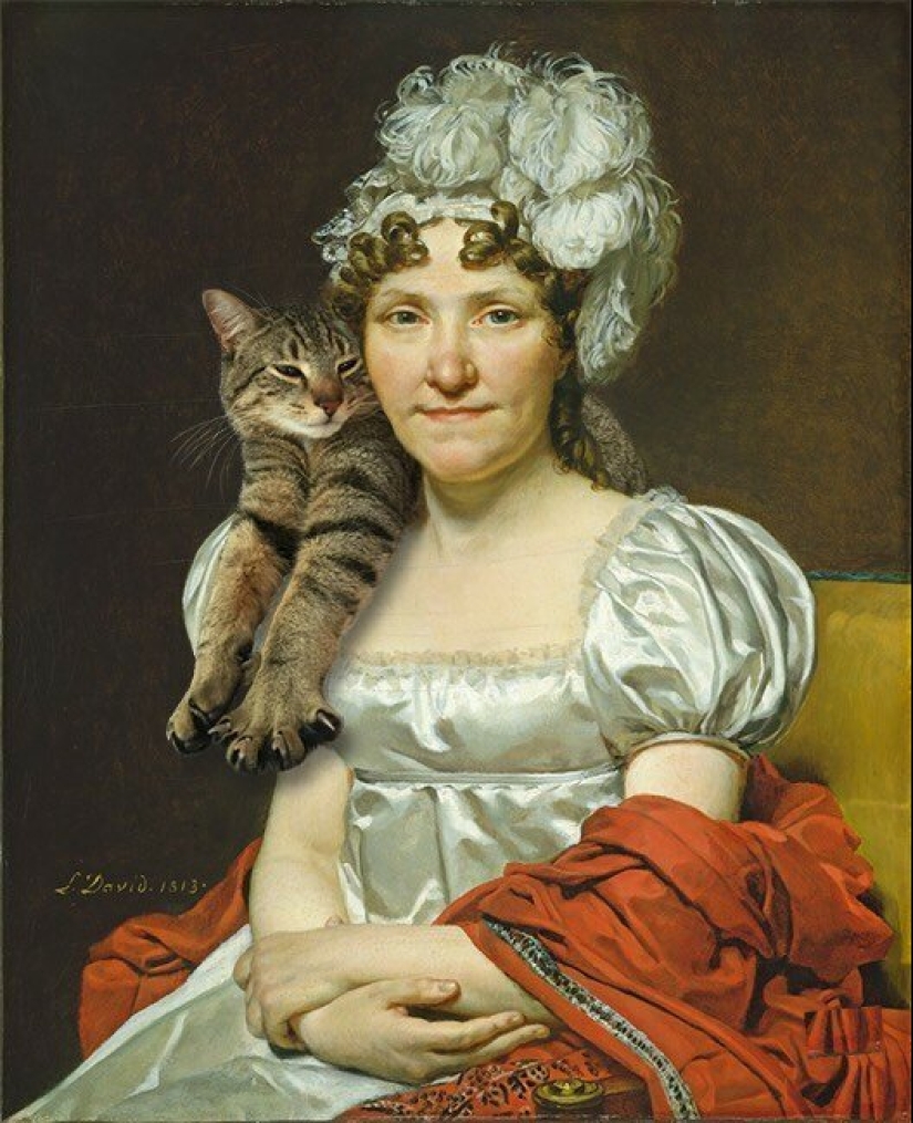 The artist made the paintings of the old masters even better by adding cats there The artist made the paintings of the old masters even better by adding cats there