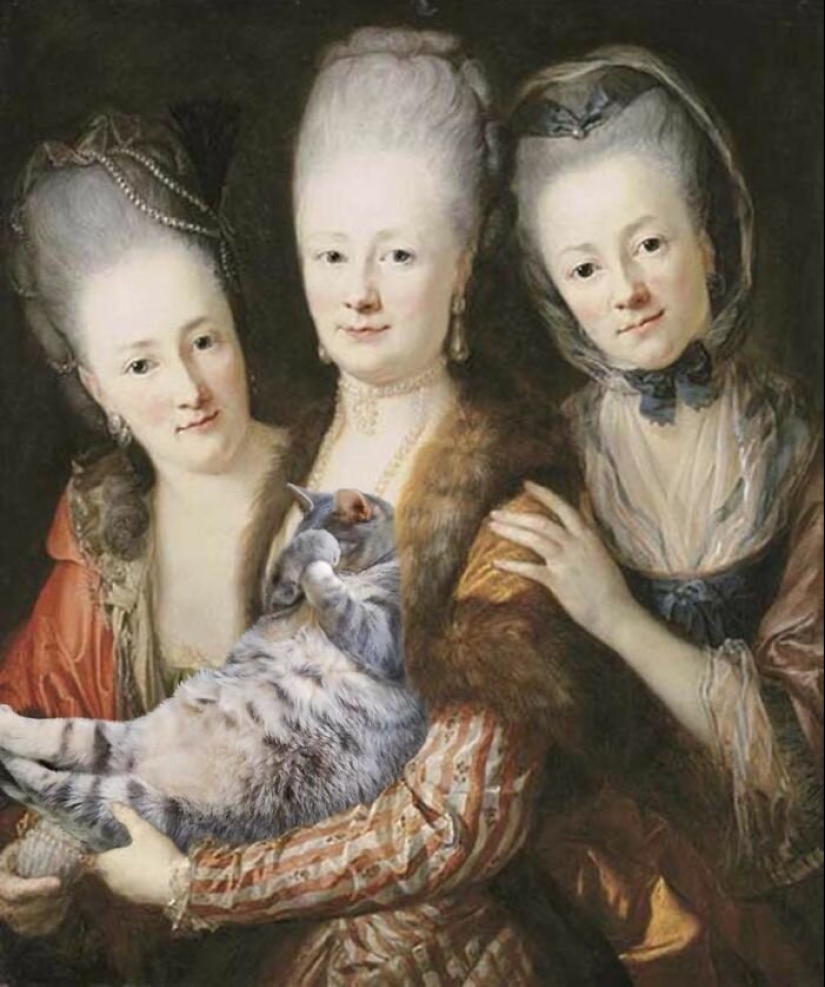 The artist made the paintings of the old masters even better by adding cats there The artist made the paintings of the old masters even better by adding cats there