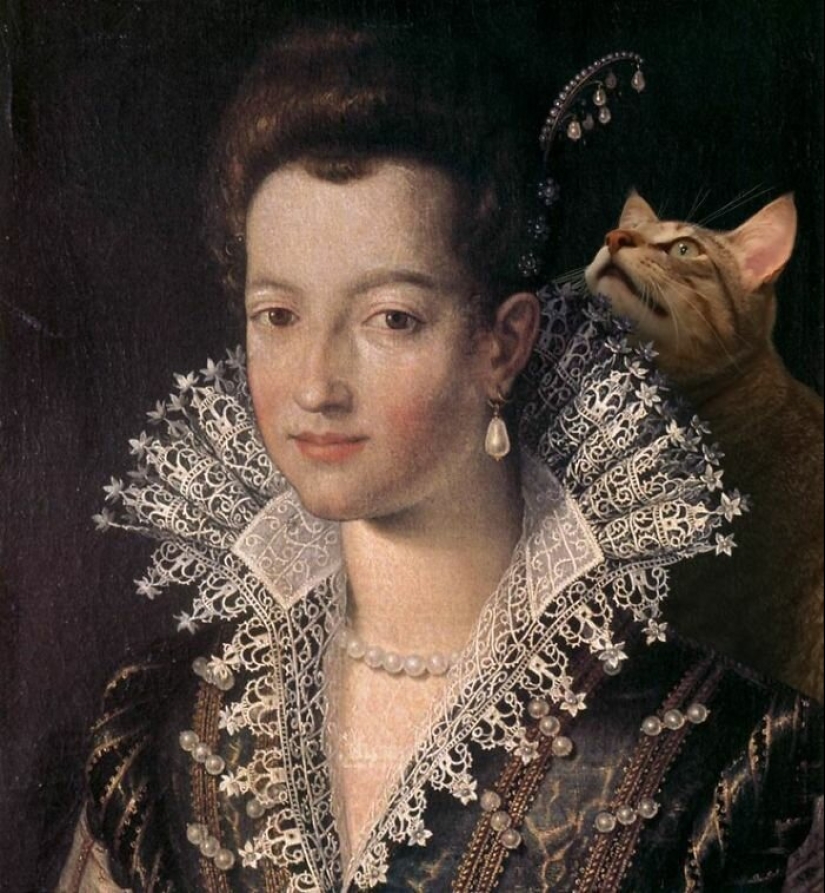 The artist made the paintings of the old masters even better by adding cats there The artist made the paintings of the old masters even better by adding cats there