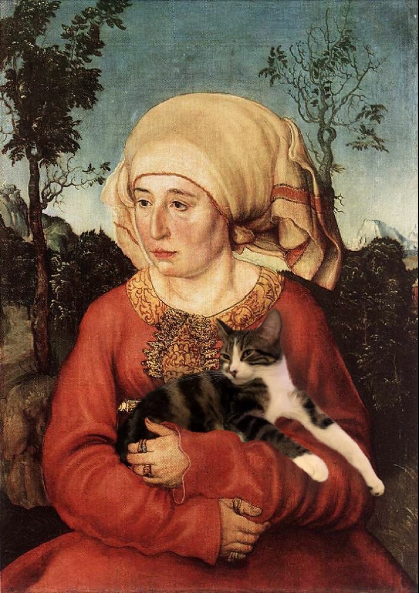 The artist made the paintings of the old masters even better by adding cats there The artist made the paintings of the old masters even better by adding cats there
