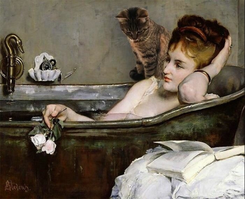 The artist made the paintings of the old masters even better by adding cats there The artist made the paintings of the old masters even better by adding cats there