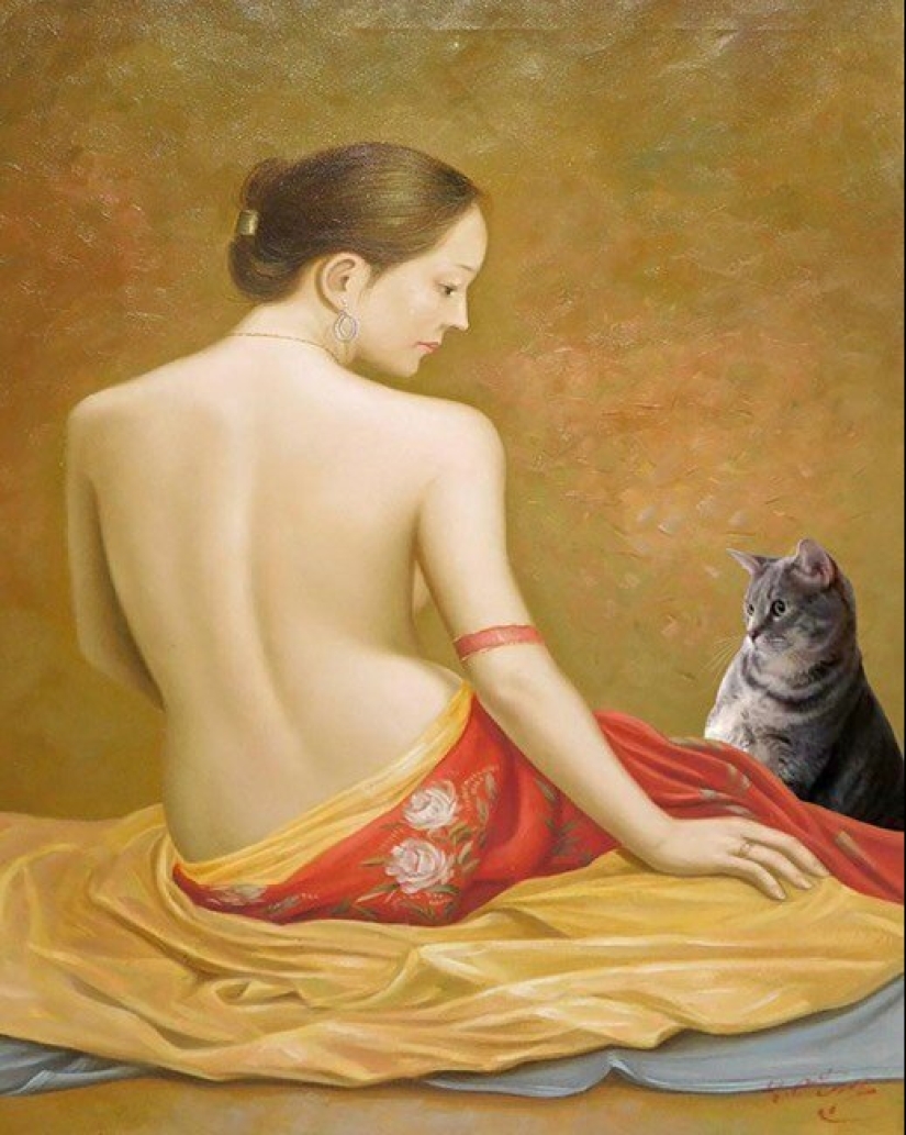 The artist made the paintings of the old masters even better by adding cats there The artist made the paintings of the old masters even better by adding cats there
