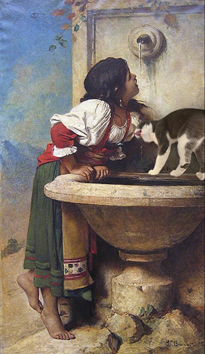 The artist made the paintings of the old masters even better by adding cats there The artist made the paintings of the old masters even better by adding cats there