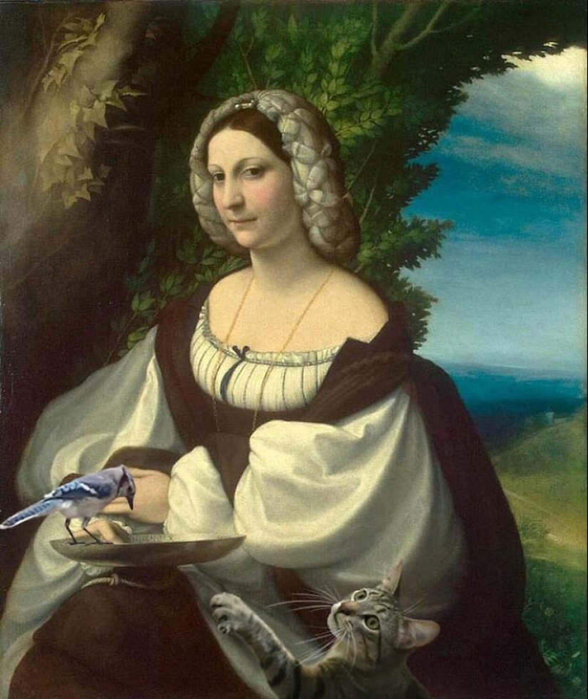The artist made the paintings of the old masters even better by adding cats there The artist made the paintings of the old masters even better by adding cats there
