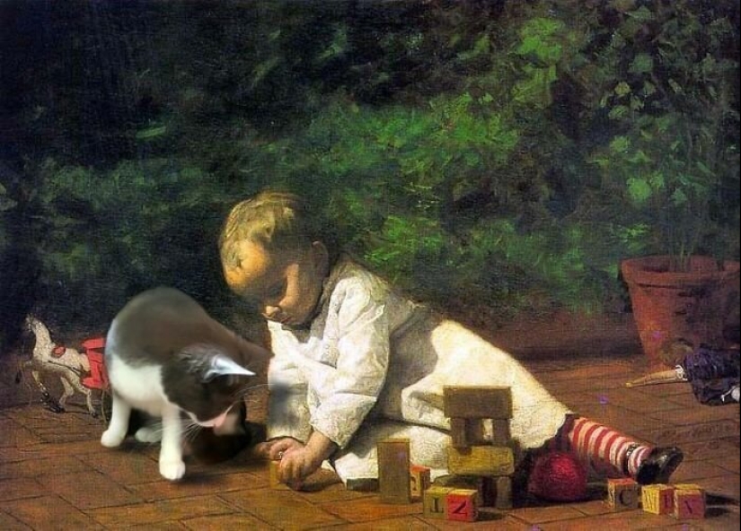 The artist made the paintings of the old masters even better by adding cats there The artist made the paintings of the old masters even better by adding cats there
