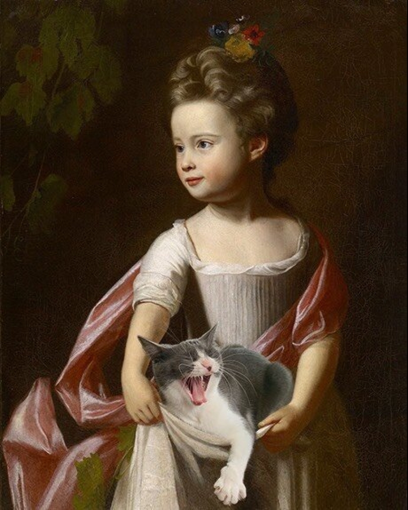 The artist made the paintings of the old masters even better by adding cats there The artist made the paintings of the old masters even better by adding cats there