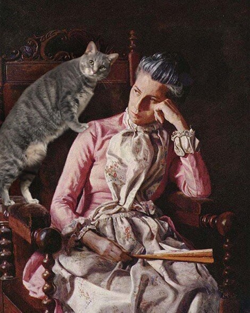 The artist made the paintings of the old masters even better by adding cats there The artist made the paintings of the old masters even better by adding cats there