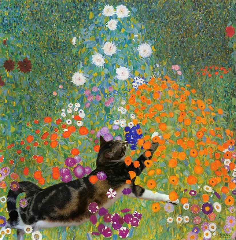 The artist made the paintings of the old masters even better by adding cats there The artist made the paintings of the old masters even better by adding cats there