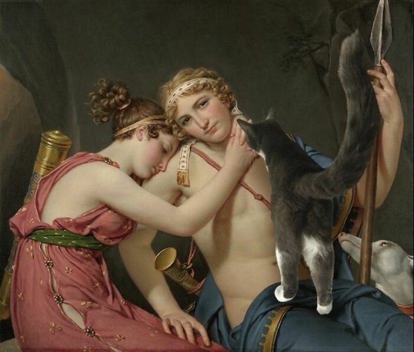 The artist made the paintings of the old masters even better by adding cats there The artist made the paintings of the old masters even better by adding cats there