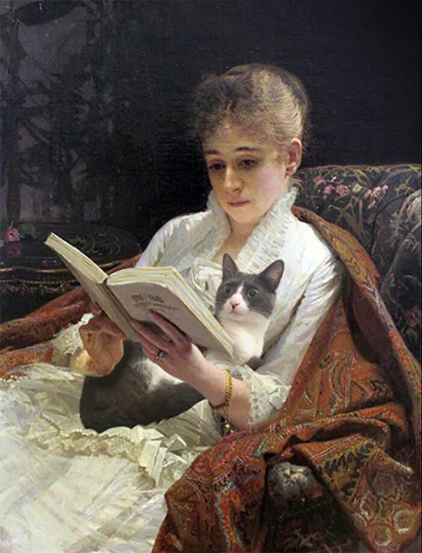 The artist made the paintings of the old masters even better by adding cats there The artist made the paintings of the old masters even better by adding cats there