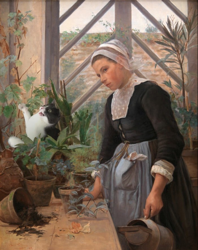 The artist made the paintings of the old masters even better by adding cats there The artist made the paintings of the old masters even better by adding cats there