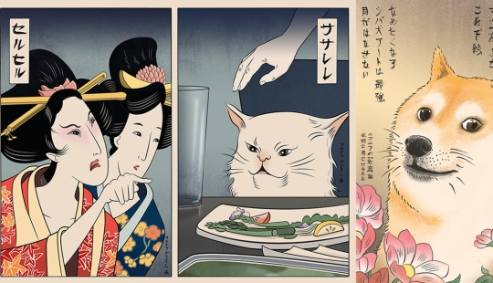 The artist recreates his favorite memes in the style of Japanese prints