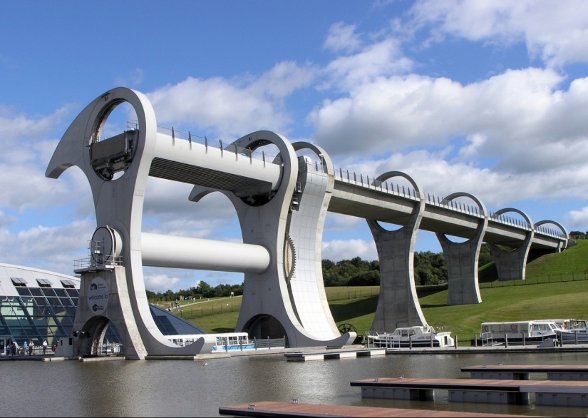 The Falkirk Wheel is a unique rotating structure that lifts entire ships