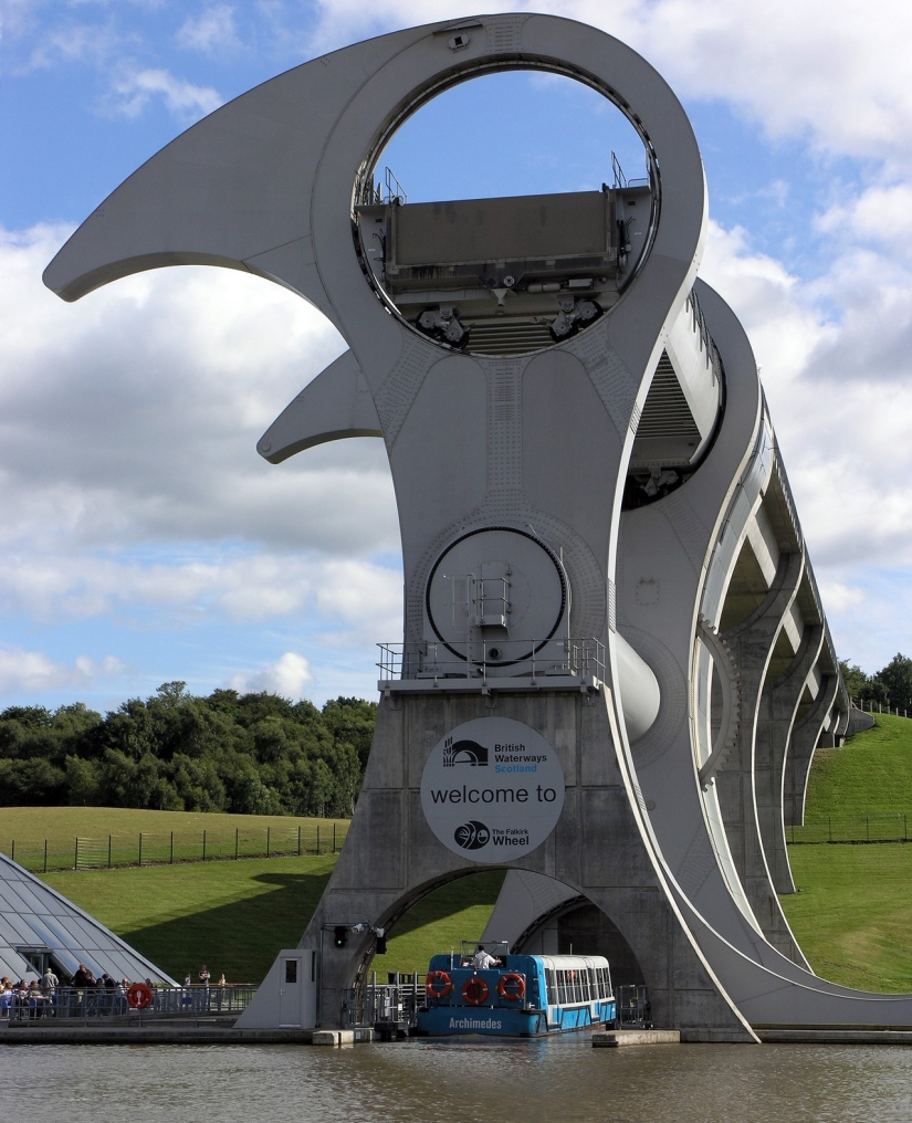 The Falkirk Wheel is a unique rotating structure that lifts entire ships