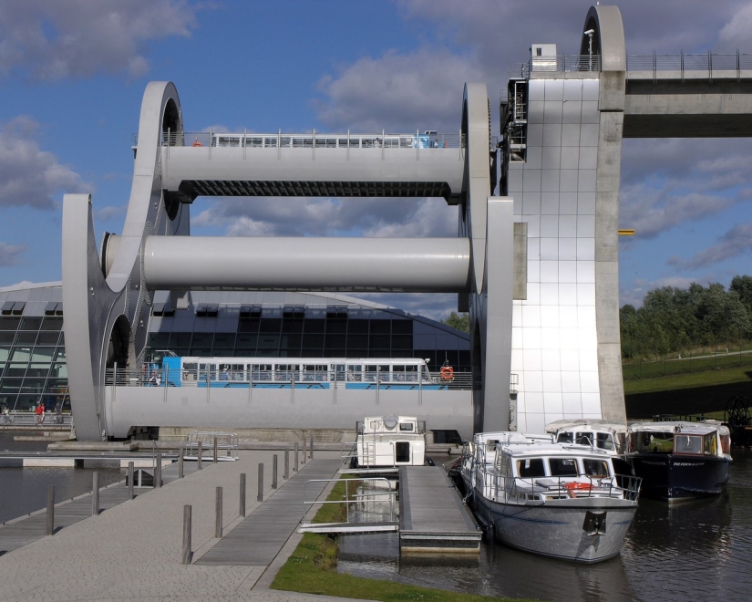 The Falkirk Wheel is a unique rotating structure that lifts entire ships