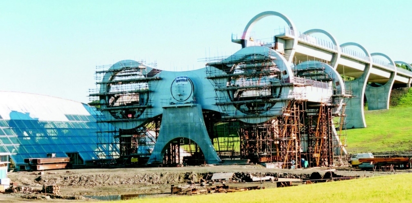 The Falkirk Wheel is a unique rotating structure that lifts entire ships