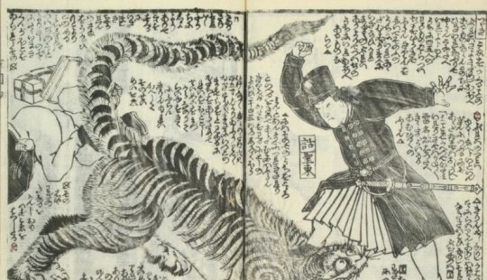The goddess of America, the fairy of the mountain, and Washington defeating the Tiger: vintage manga on the theme of US history The goddess of America, the fairy of the mountain, and Washington defeating the Tiger: vintage manga on the theme of US history