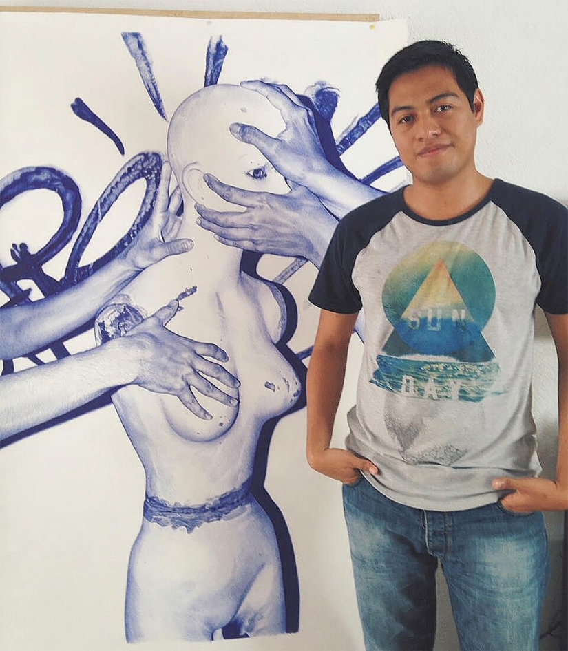 The superiority of blue: a young man writes fascinating pictures with a ballpoint pen The superiority of blue: a young man writes fascinating pictures with a ballpoint pen