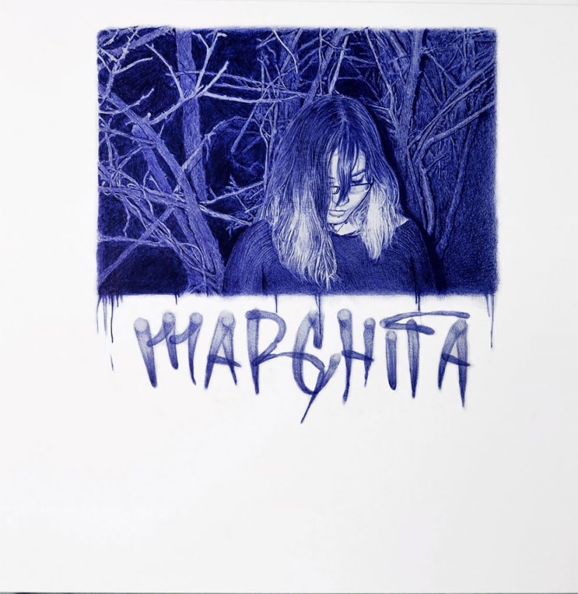 The superiority of blue: a young man writes fascinating pictures with a ballpoint pen The superiority of blue: a young man writes fascinating pictures with a ballpoint pen