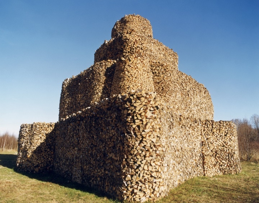 There is grass in the yard, firewood on the grass