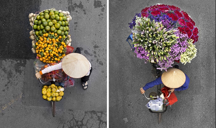 Top view: The photographer spent whole days on the bridge and took pictures of street vendors Top view: The photographer spent whole days on the bridge and took pictures of street vendors