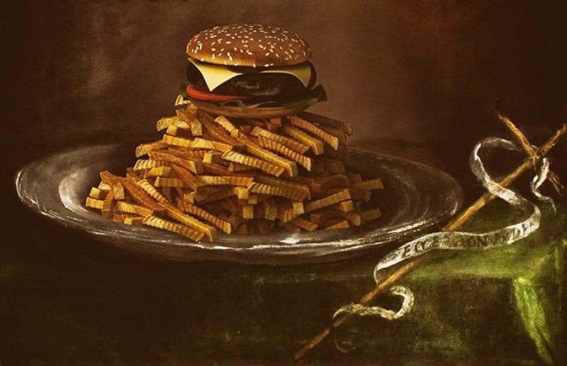 "Tu hamburguesa, Madonna" : los héroes de las pinturas renacentistas devoran montañas de comida rápida