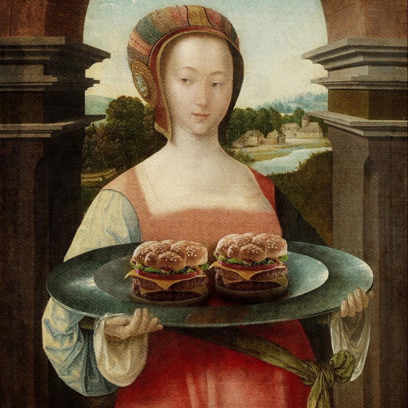 "Tu hamburguesa, Madonna" : los héroes de las pinturas renacentistas devoran montañas de comida rápida