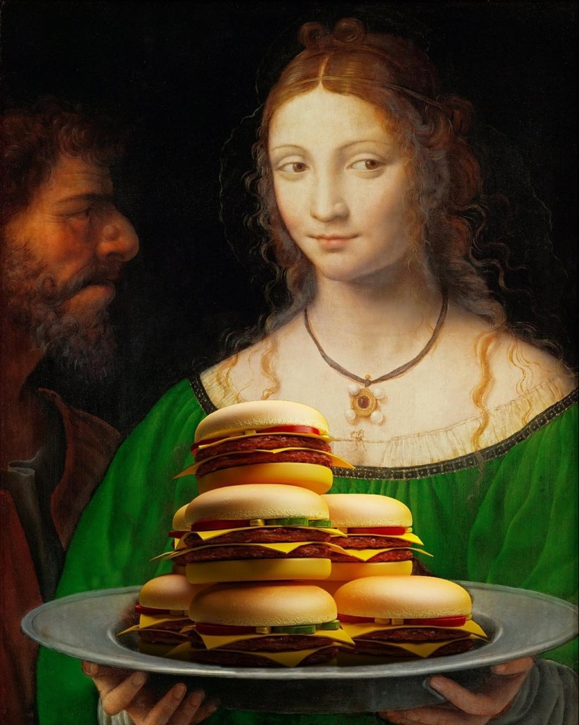"Tu hamburguesa, Madonna" : los héroes de las pinturas renacentistas devoran montañas de comida rápida