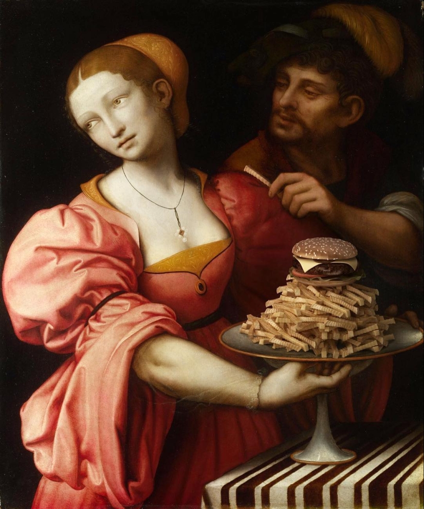 "Tu hamburguesa, Madonna" : los héroes de las pinturas renacentistas devoran montañas de comida rápida