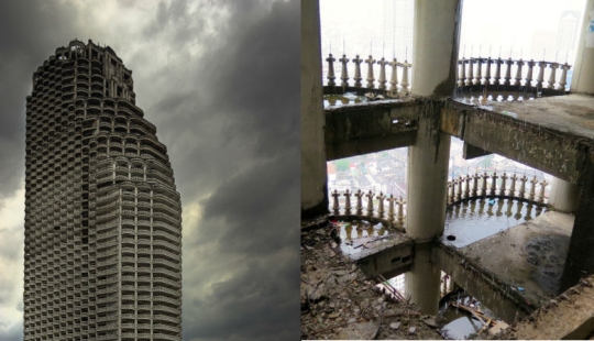 What does the Satorn Tower, the largest abandoned skyscraper in the world, look like