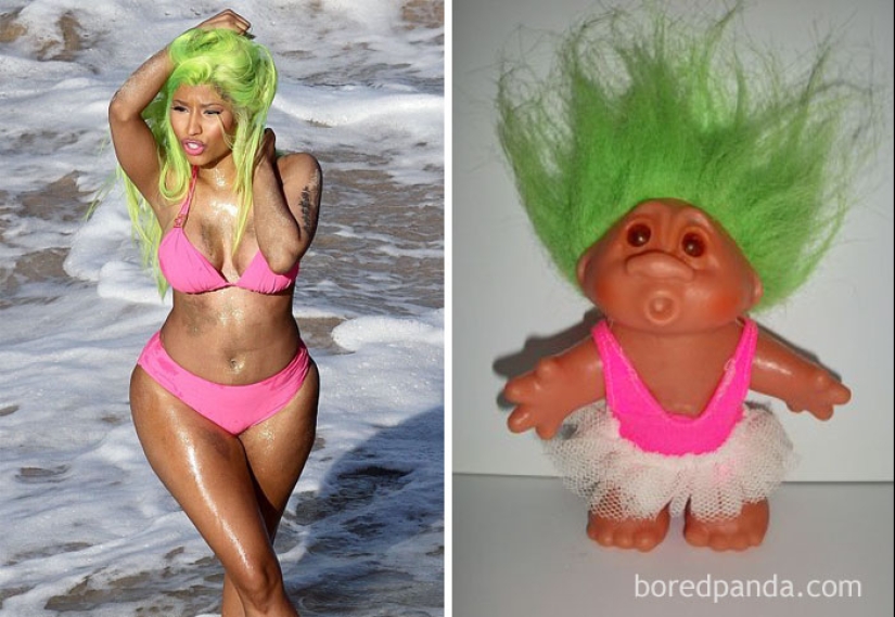 What inspires people to wild outfits and hairstyles — a cleaning brush, a string bag and a broken phone