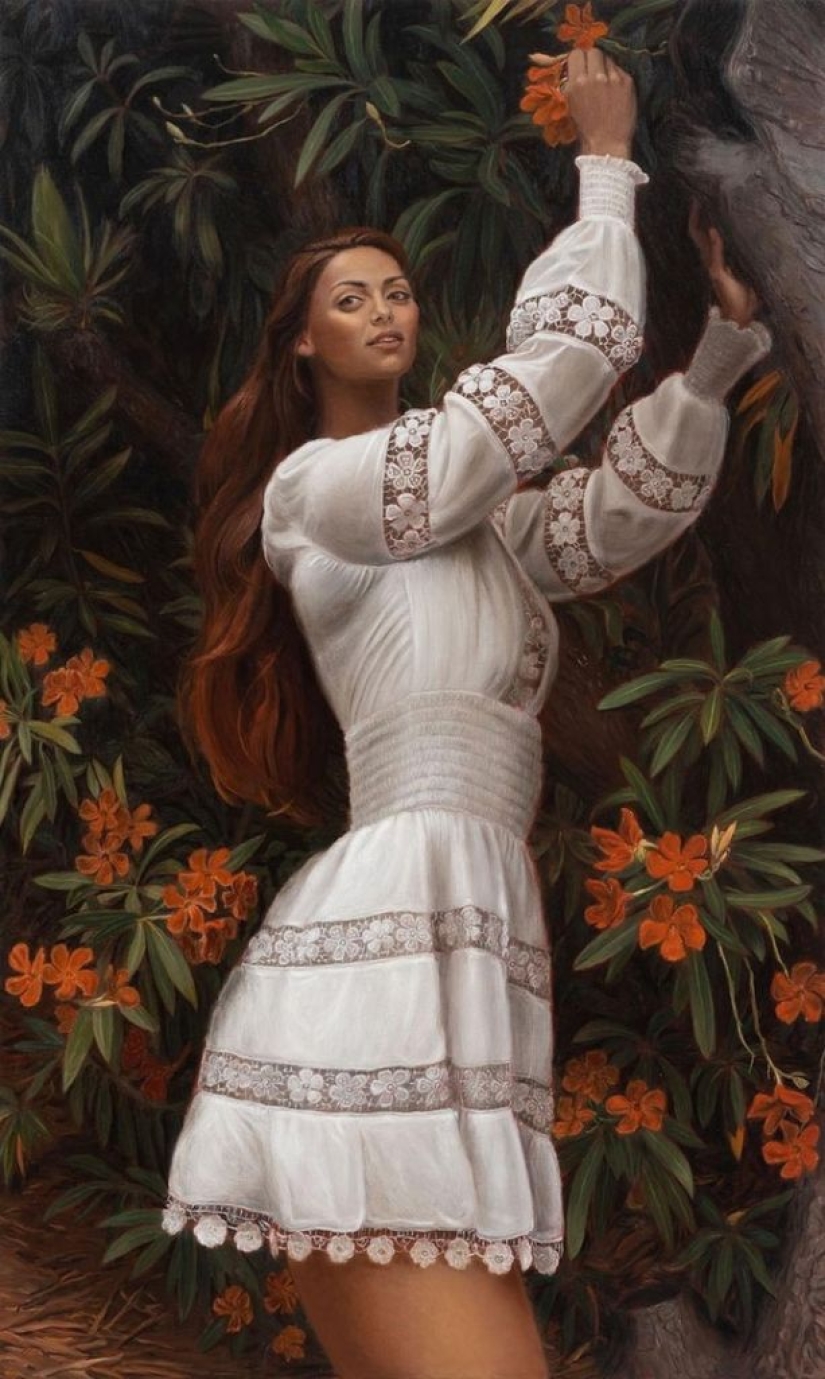 Ironic paintings by Jansson Stegner: massive beauties against thin guys