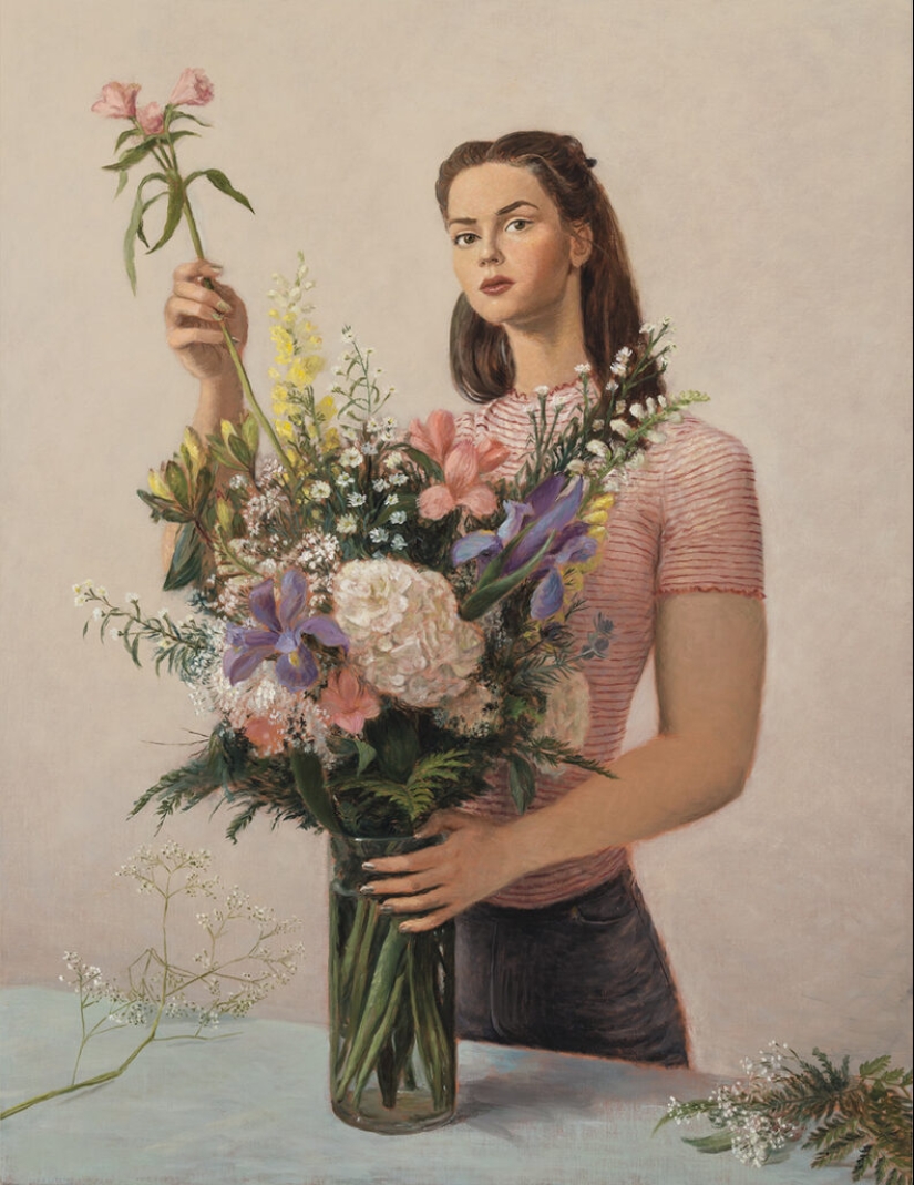 Ironic paintings by Jansson Stegner: massive beauties against thin guys