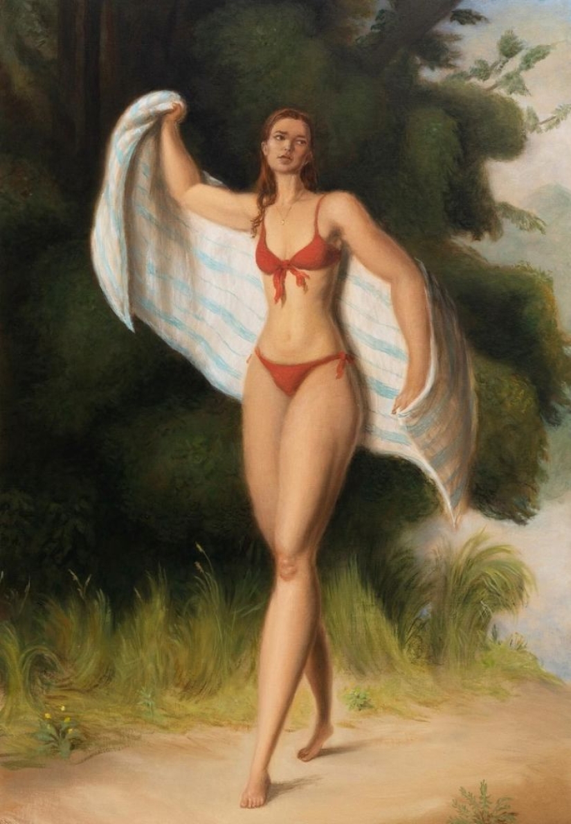 Ironic paintings by Jansson Stegner: massive beauties against thin guys