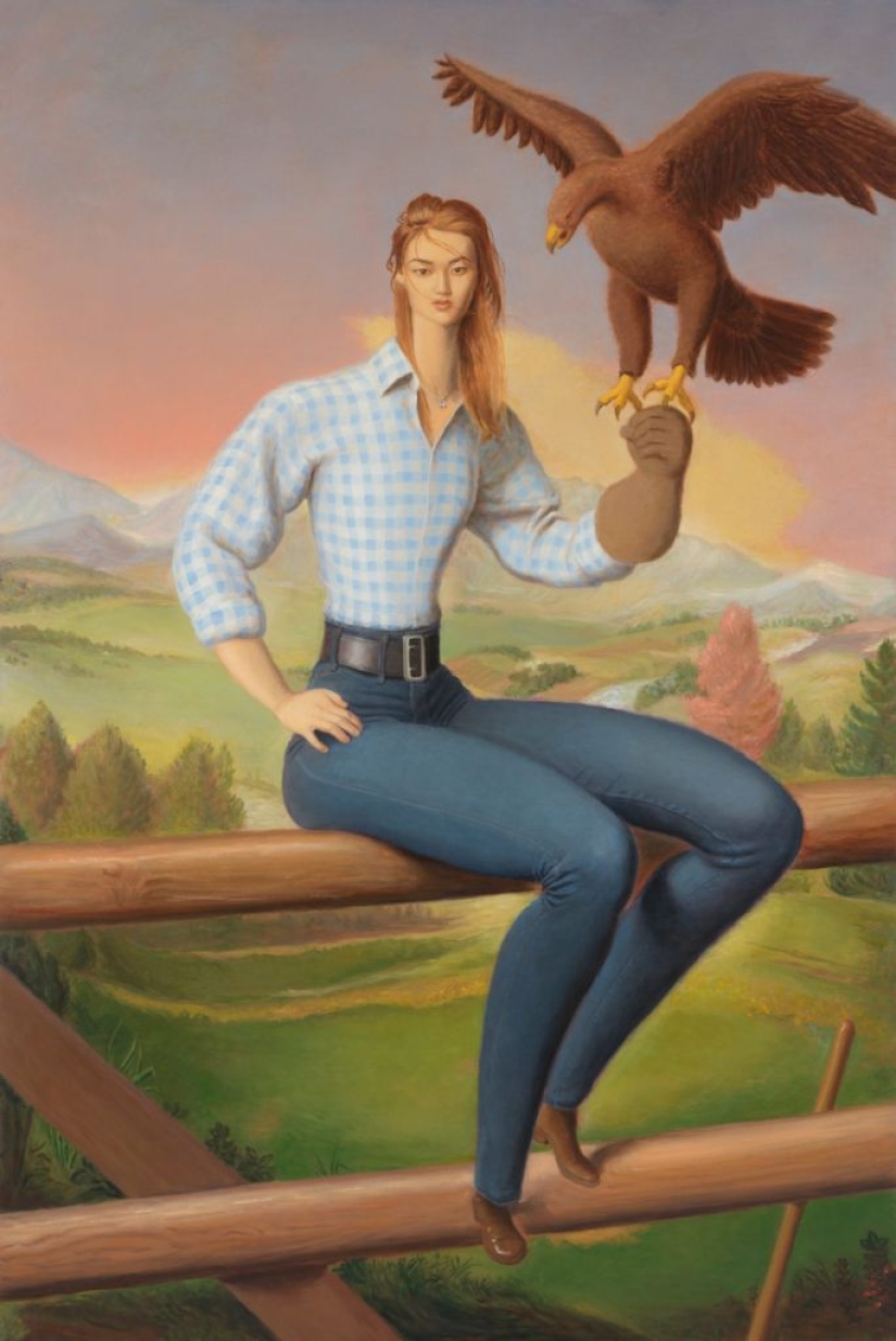 Ironic paintings by Jansson Stegner: massive beauties against thin guys