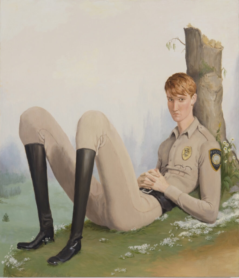 Ironic paintings by Jansson Stegner: massive beauties against thin guys