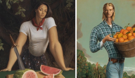 Pinturas irónicas de Jansson Stegner: bellezas enormes frente a chicos delgados